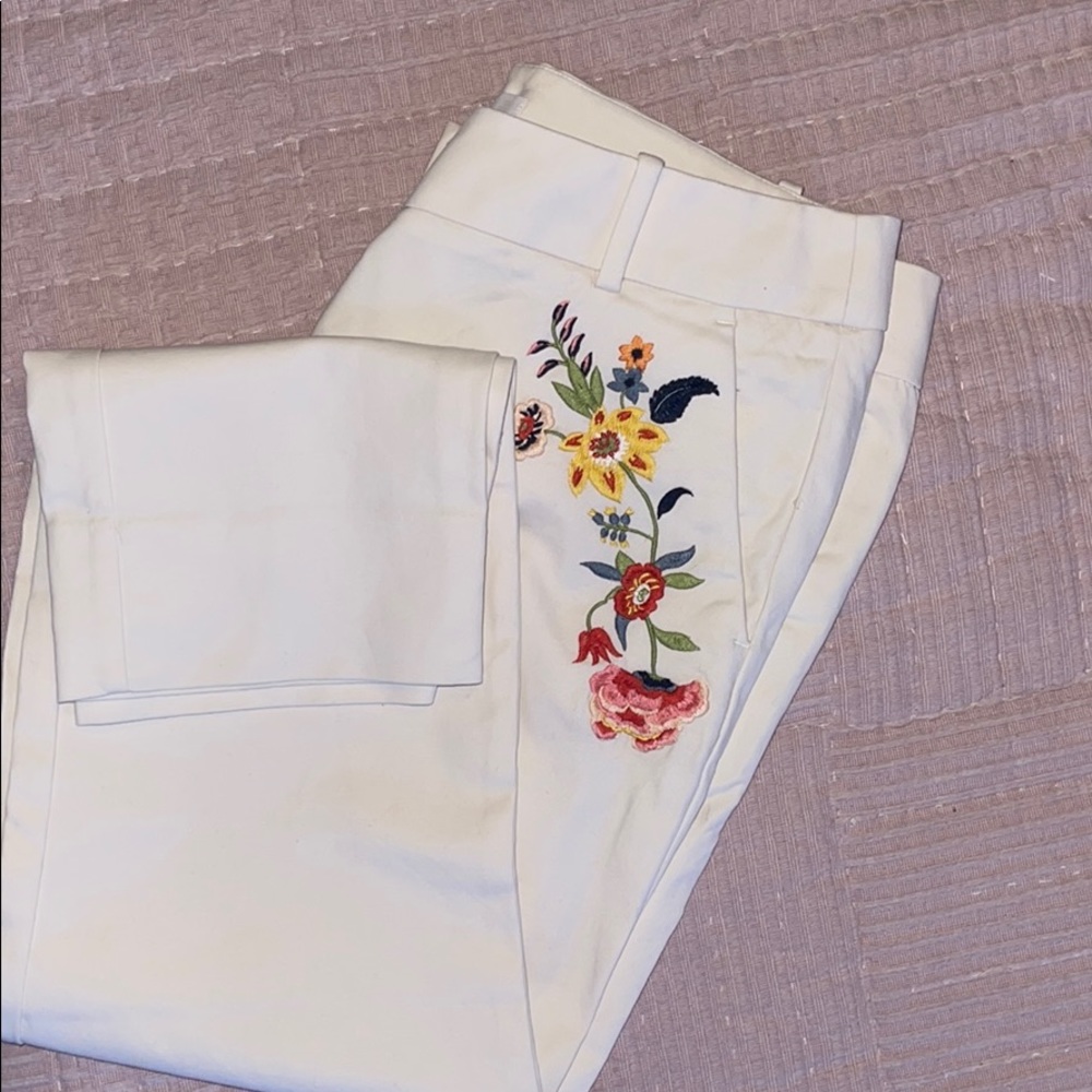 COPY - LOFT straight leg floral embroidered khakis.